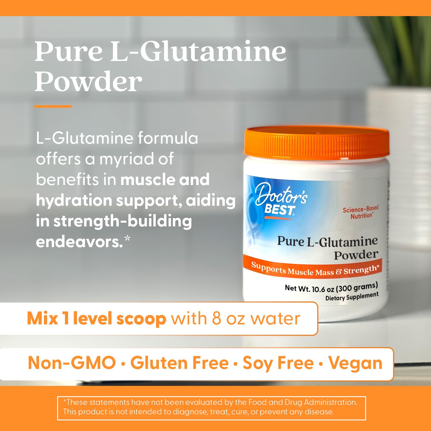 Vegan symbol on Doctor's Best L-Glutamine powder packaging.