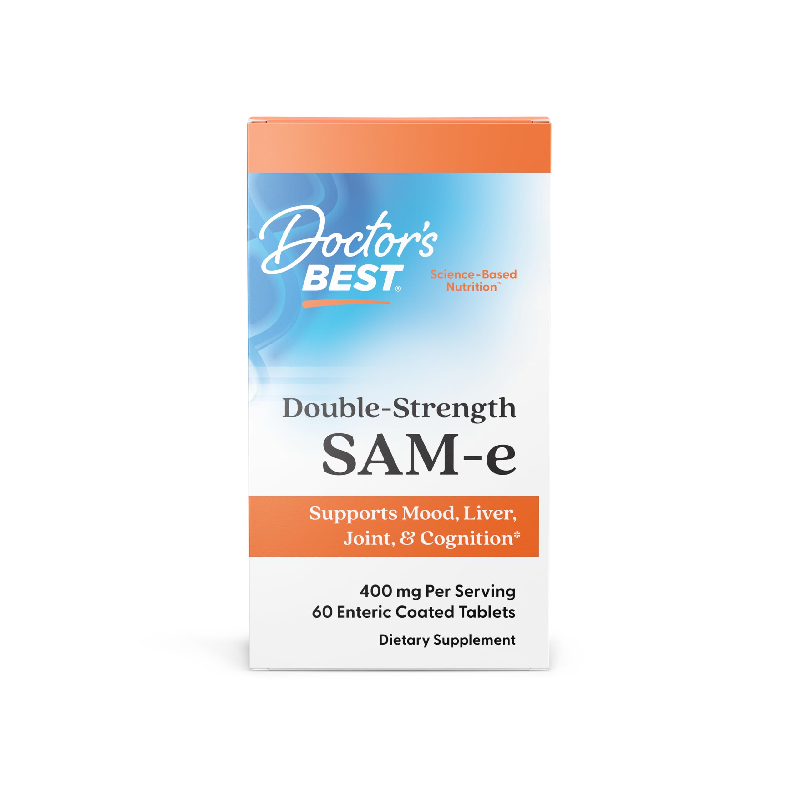 Doctor's Best SAM-e 400 mg bottle front view highlighting product identity and packaging.
