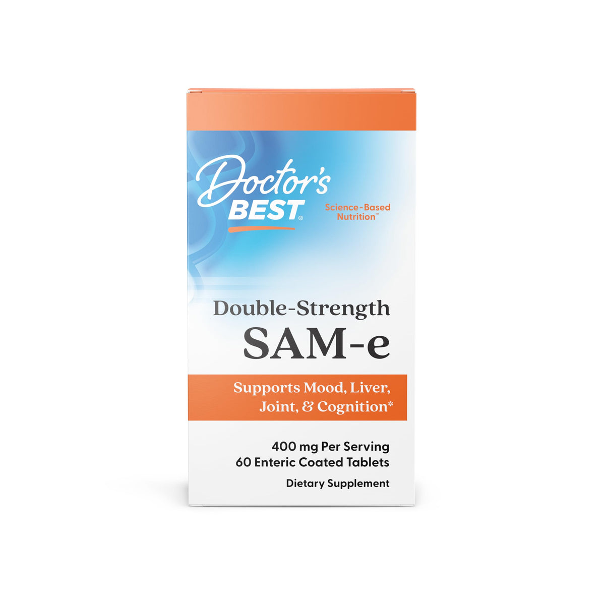 Doctor's Best SAM-e 400 mg bottle front view highlighting product identity and packaging.