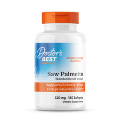 Doctor's Best Saw Palmetto softgels bottle front, gluten-free and non-GMO daily supplement.