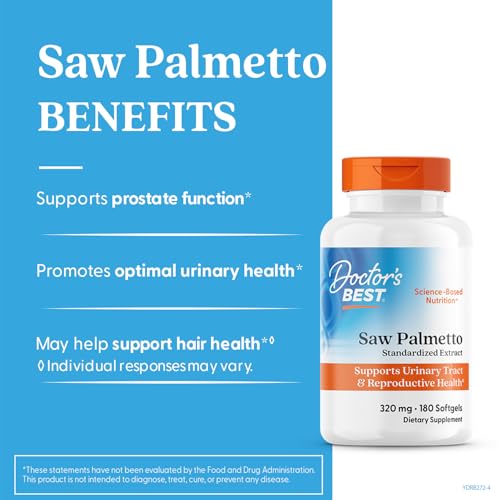 Doctor's Best Saw Palmetto softgels label close-up highlighting standardized extract for prostate support.