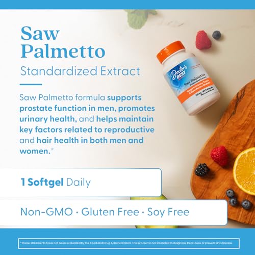 Doctor's Best Saw Palmetto softgels displayed on a kitchen counter for convenient daily supplementation.