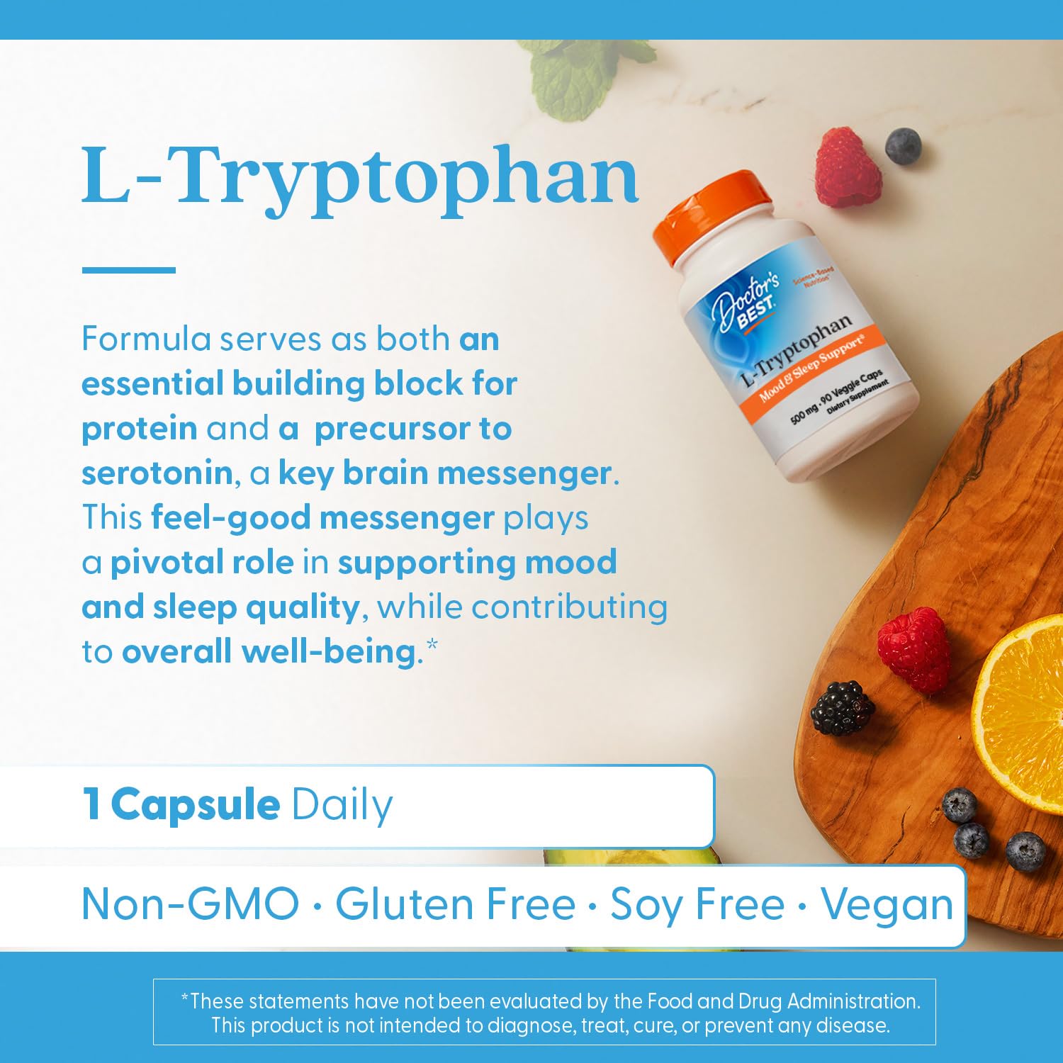 Serving size indicator on Doctor's Best L-Tryptophan bottle shows one capsule per serving