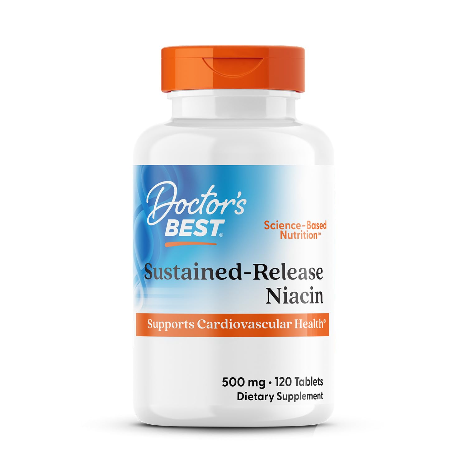 Doctor's Best sustained-release niacin bottle front view showing 8-hour release feature