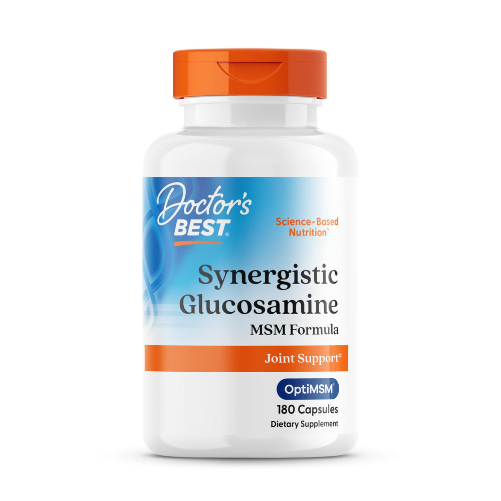 Doctor's Best Synergistic Glucosamine/MSM bottle front showing capsules for joint support