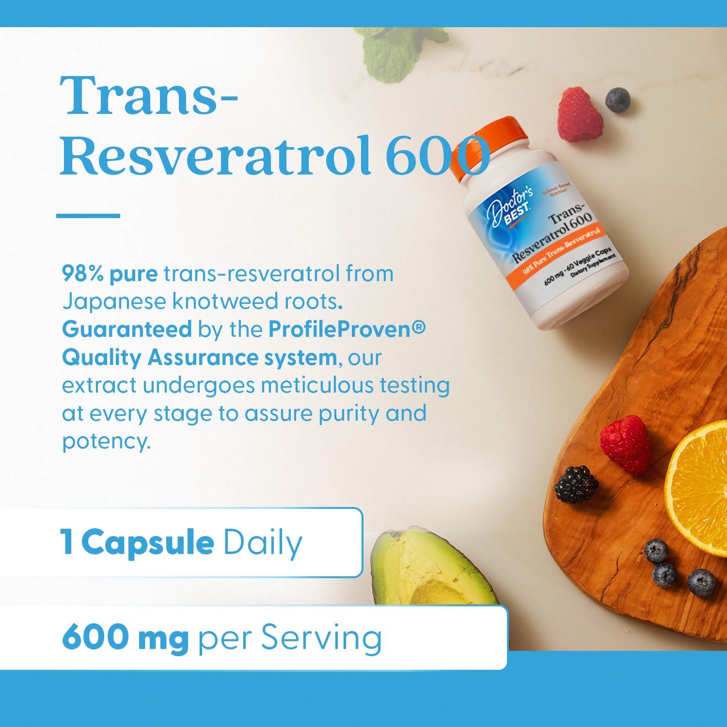 Doctor's Best capsule close-up reveals 600 mg trans-resveratrol content.