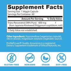 Doctor's Best Trans-Resveratrol 600 packaging highlights vegan and gluten-free formula.