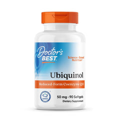 Doctor's Best Ubiquinol bottle label highlights reduced-form CoQ10 for heart energy potential.