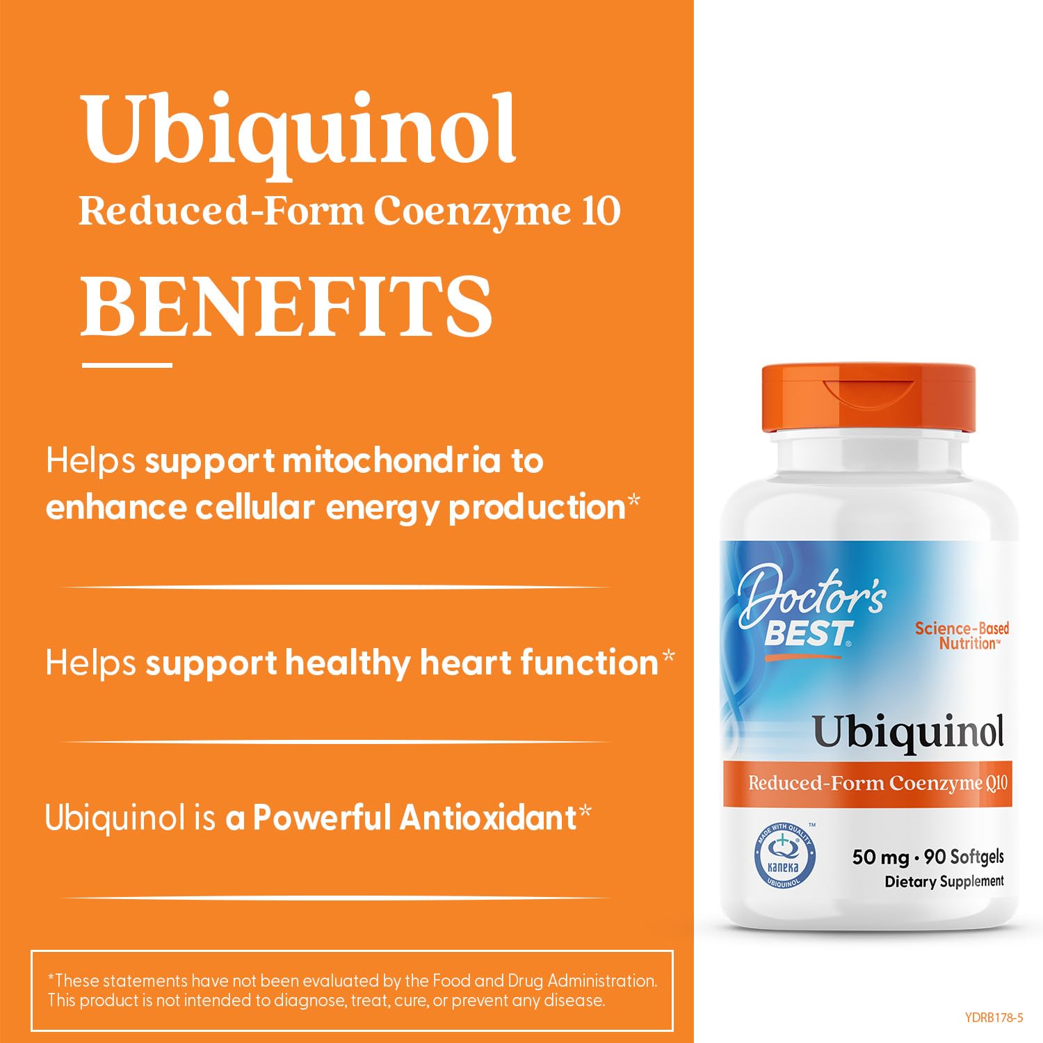 Doctor's Best Ubiquinol ingredient label notes non-GMO and gluten-free formulation.