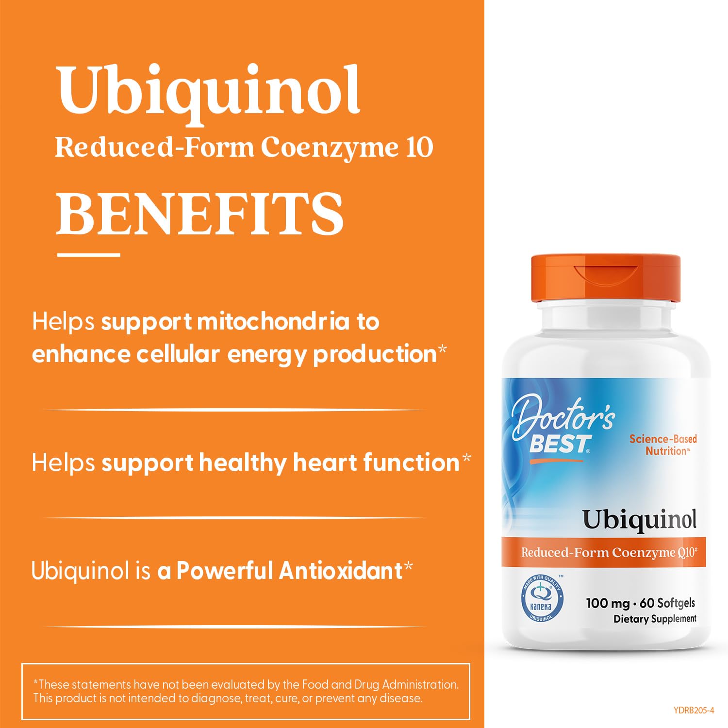 Close-up of Doctor's Best Ubiquinol label highlighting non-GMO and gluten-free