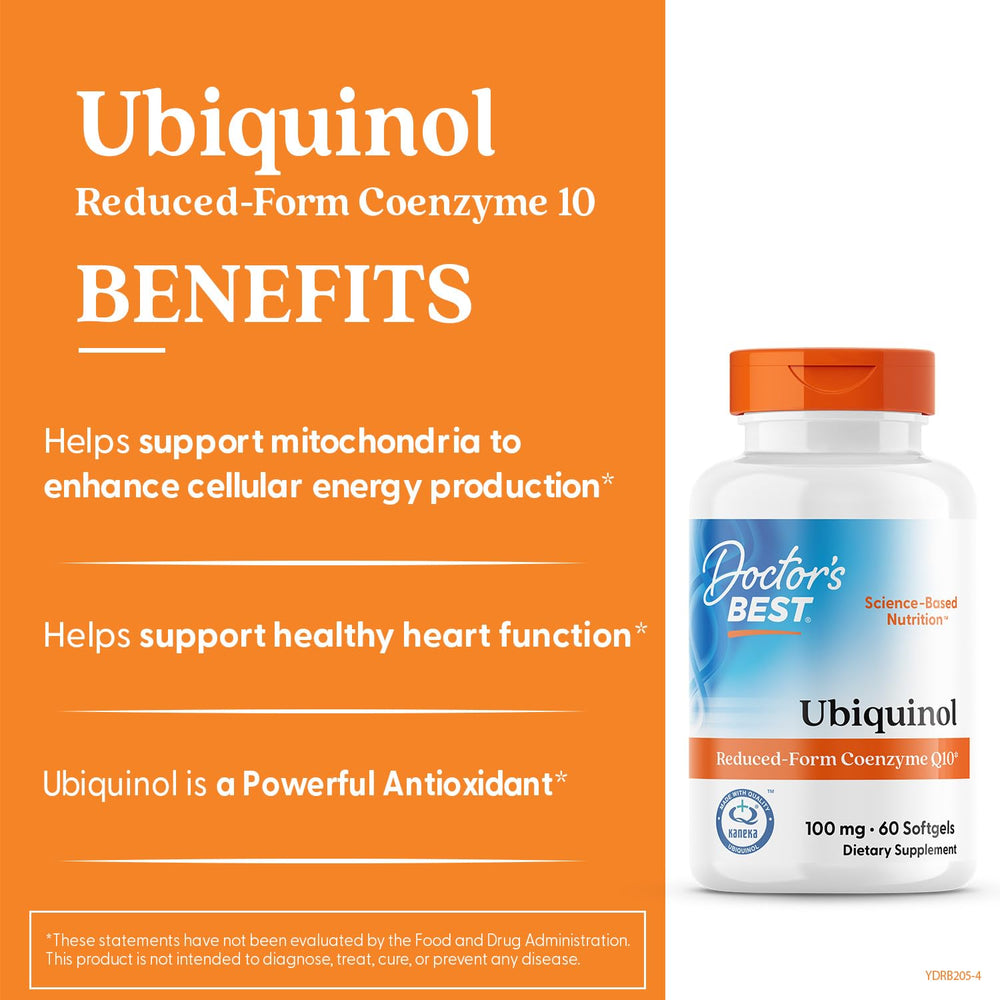 Close-up of Doctor's Best Ubiquinol label highlighting non-GMO and gluten-free