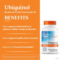 Close-up of Doctor's Best Ubiquinol label highlighting non-GMO and gluten-free