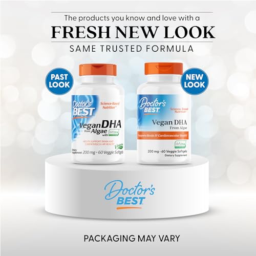 Doctor's Best Vegan DHA bottle label highlights plant-based omega-3.