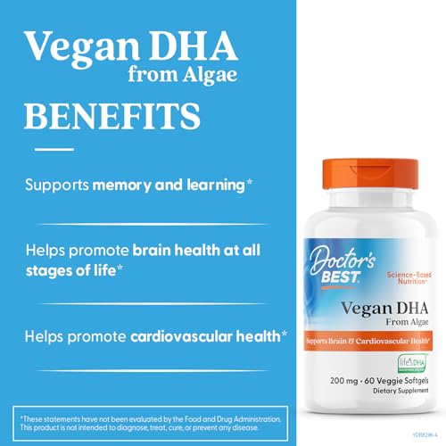 Doctor's Best Vegan DHA softgel closeup emphasizes vegetarian source.