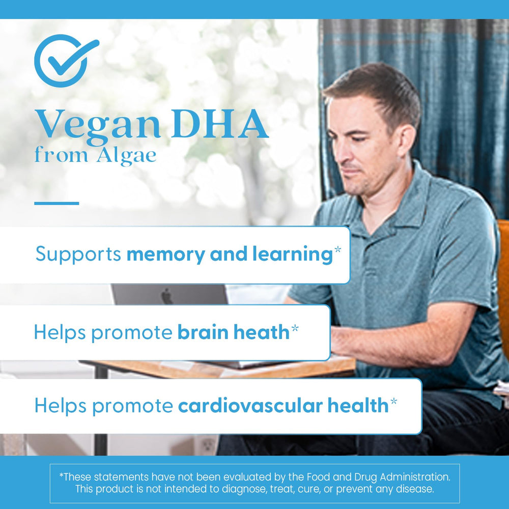 Doctor's Best vegan DHA packaging highlights plant-sourced algae.