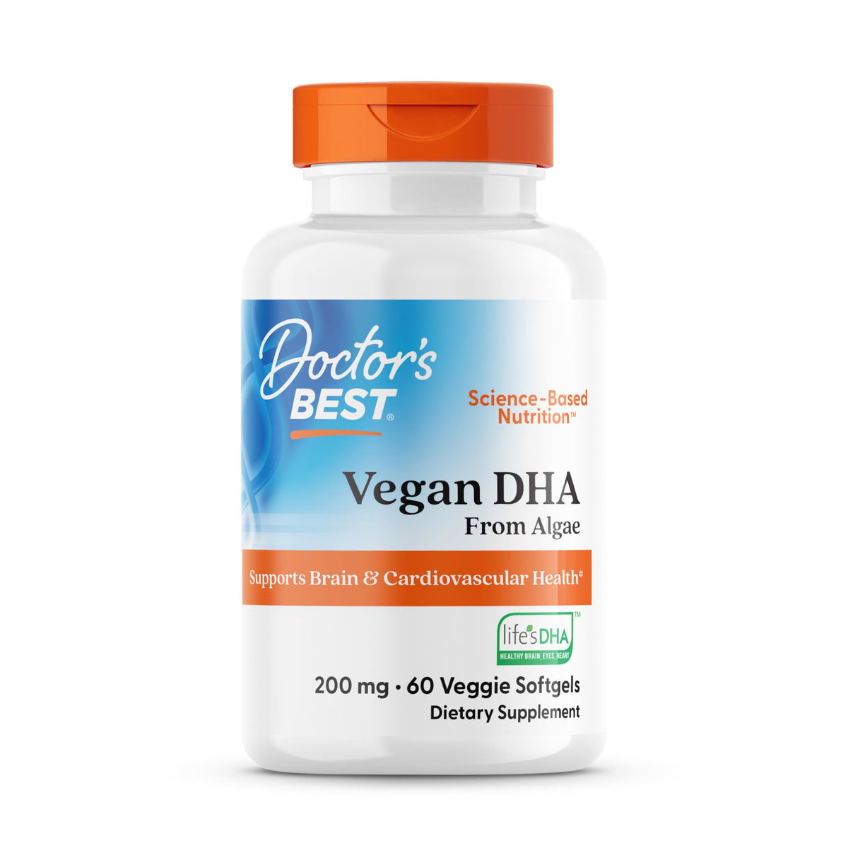 Doctor's Best Vegan DHA algae softgels bottle supports brain health.
