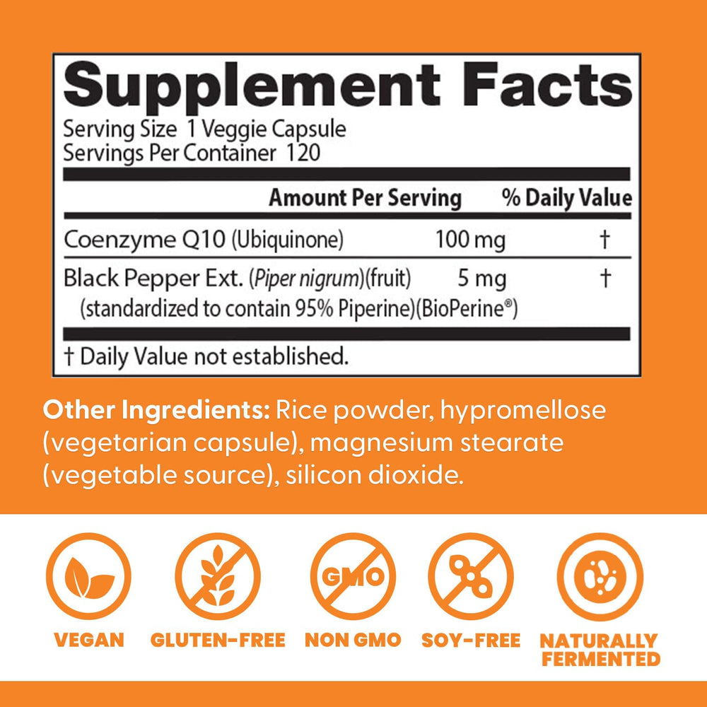 Doctor's Best vegan non-GMO CoQ10 formula label indicating purity