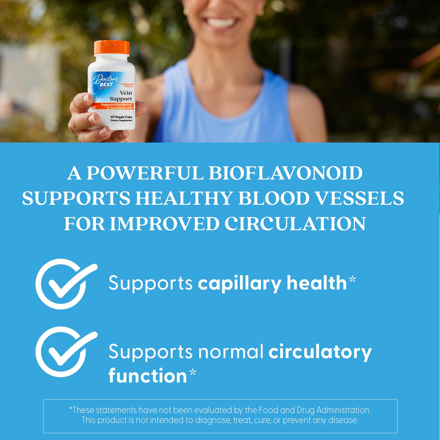 Doctor's Best Vein Support ingredient graphic highlights Diosmin and Hesperidin for vein function.