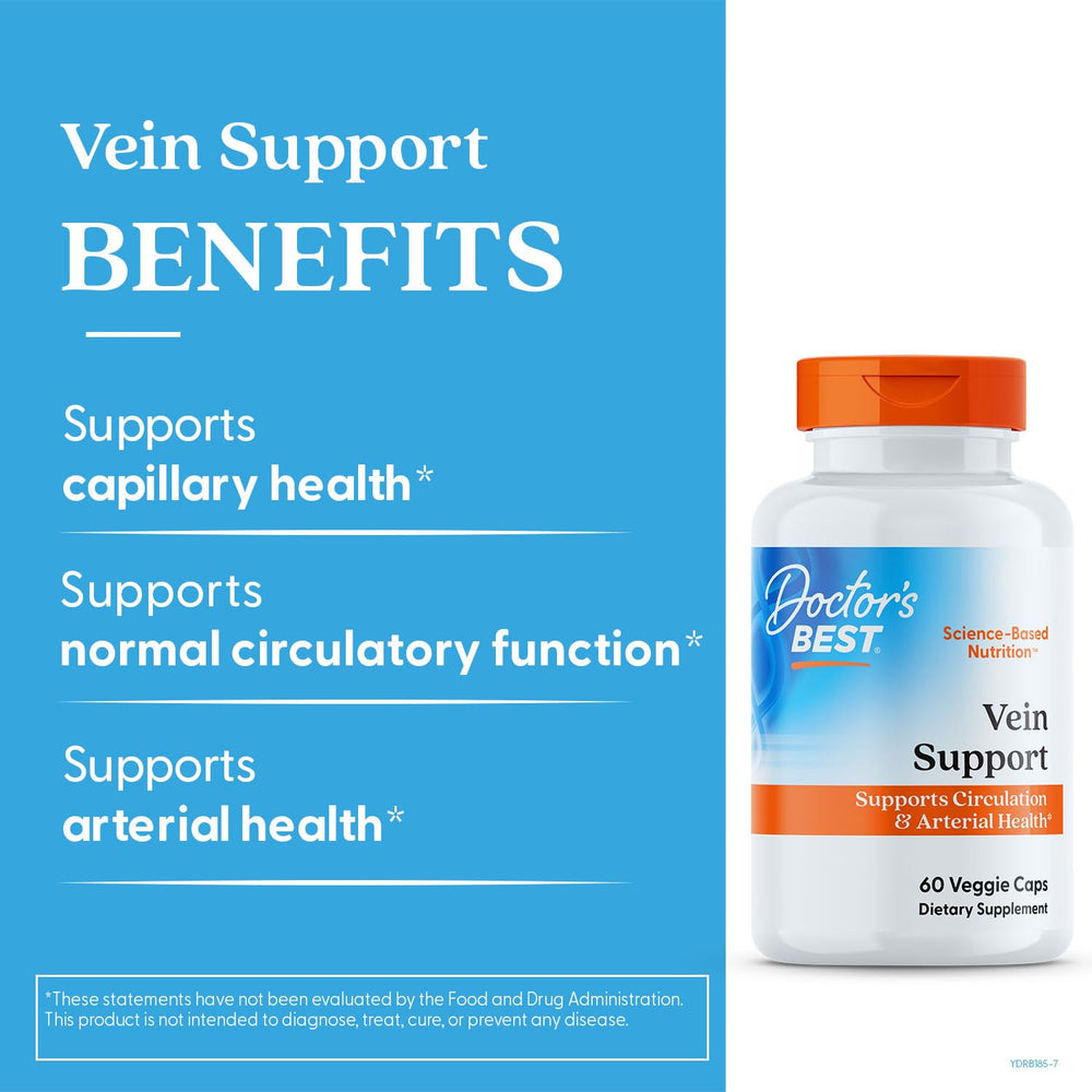 Doctor's Best Vein Support label close-up shows natural K2 sourced from fermented chickpeas for authenticity.