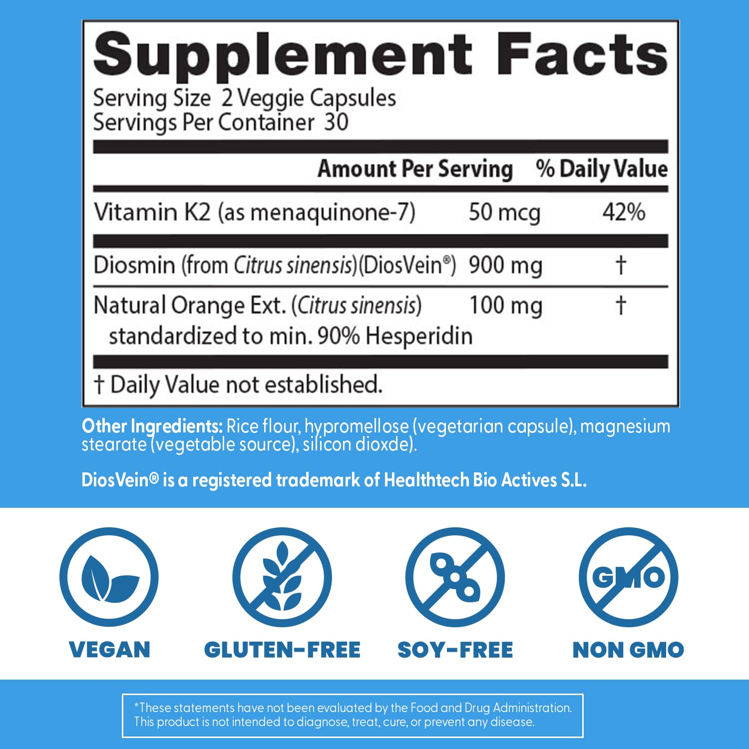 Doctor's Best Vein Support close-up shows natural K2 from chickpeas with Diosmin and Hesperidin for circulatory support.