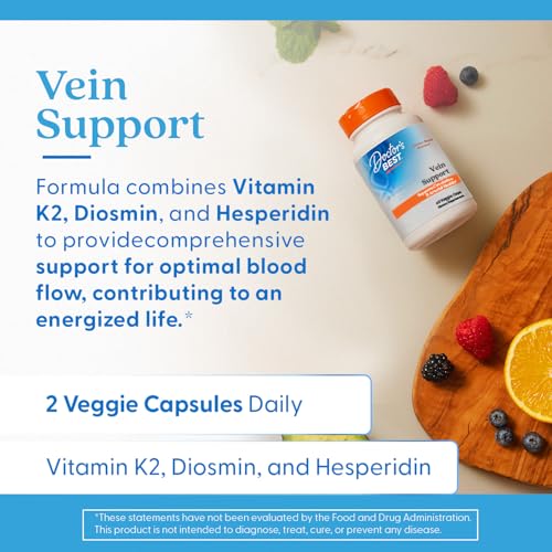 Doctor's Best Vein Support packaging overview shows vegan, gluten-free, non-GMO attributes for clean-label appeal.