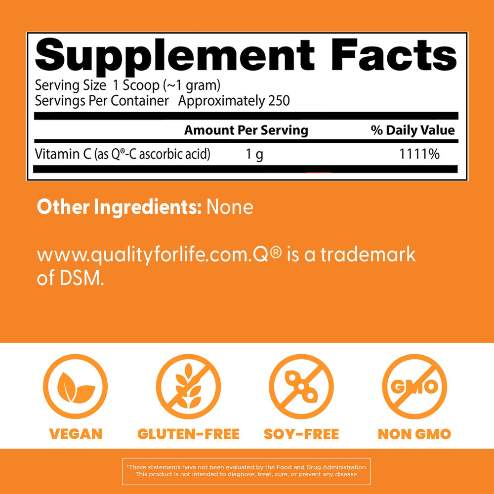 Label on Doctor's Best Vitamin C Powder highlighting vegan and gluten-free formula