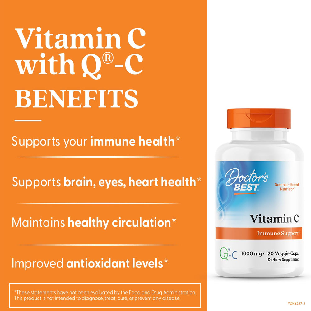 Doctor's Best Vitamin C with Q-C bottle pour demonstrates easy daily dosing for antioxidant support.