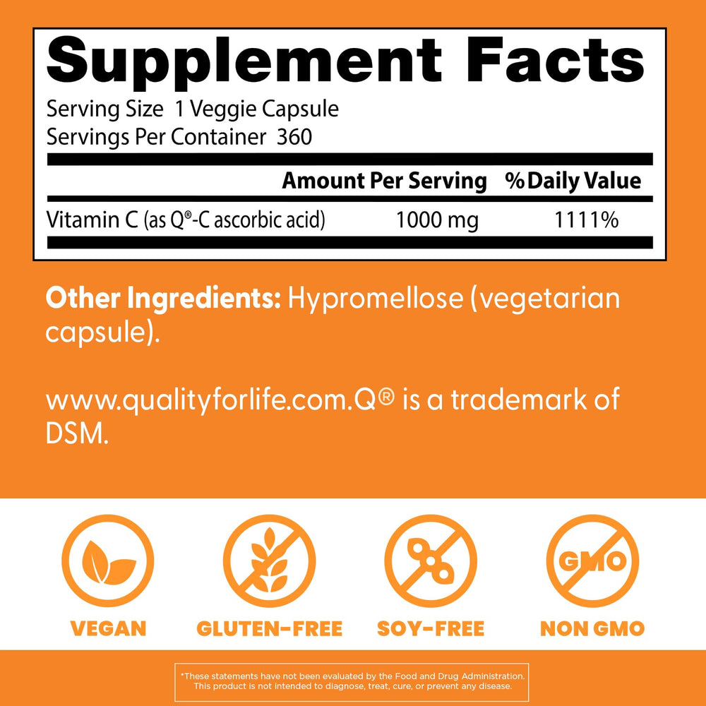 Doctor's Best Vitamin C with Q-C capsules pose highlighting vegan and gluten-free status