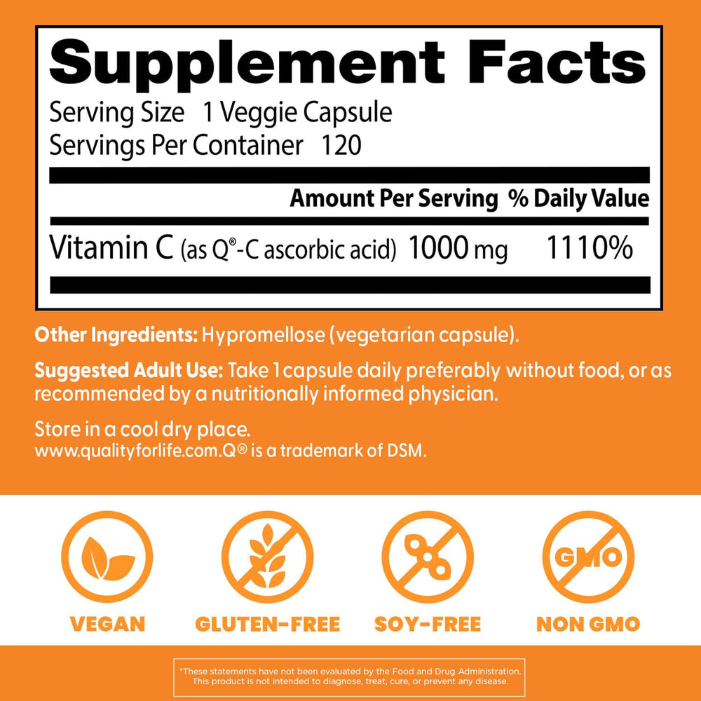 Doctor's Best Vitamin C Q-C veggie caps provide vegan, gluten-free daily wellness support.