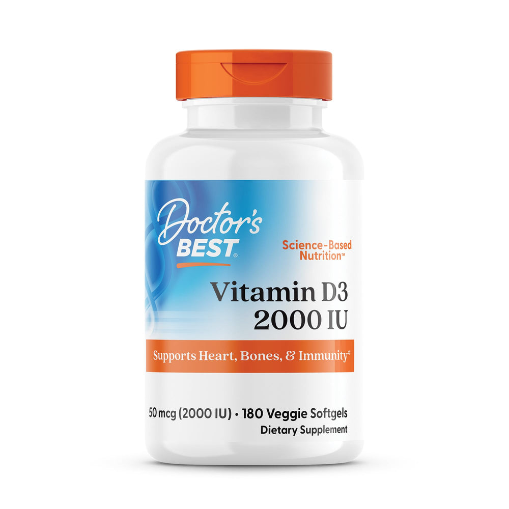 Doctor's Best Vitamin D3 2000 IU bottle front view for daily bone and immune support