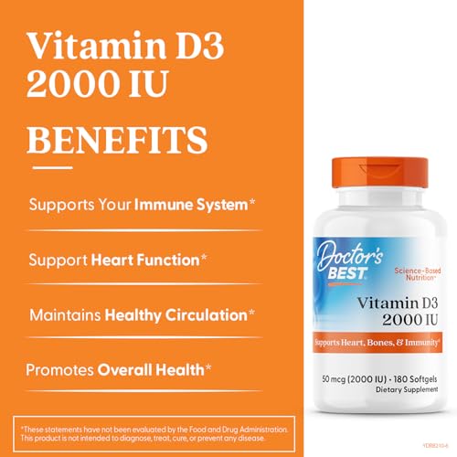 Doctor's Best Vitamin D3 2000IU bottle-front shows non-GMO, gluten-free, soy-free formulation.