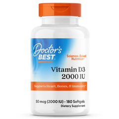 Doctor's Best Vitamin D3 2000IU bottle label highlights bone support and immune wellness.