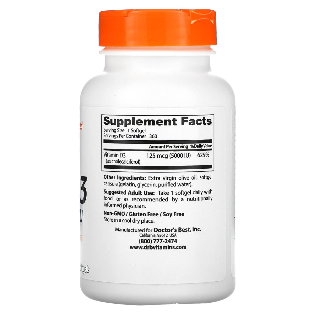 Doctor's Best Vitamin D3 label shows 2-pack convenience and immune support potential.