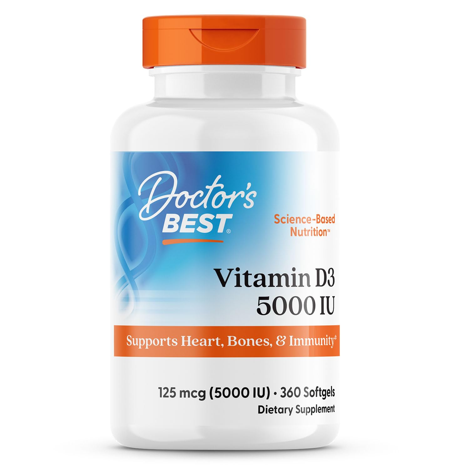 Doctor's Best Vitamin D3 5,000 IU bottle on shelf for bone support