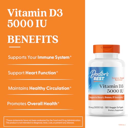 Doctor's Best Vitamin D3 5000 IU label closeup shows non-GMO and gluten-free claims.