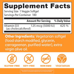 Doctor's Best Vitamin D3 5000 IU serving counter highlights vegetarian formula.