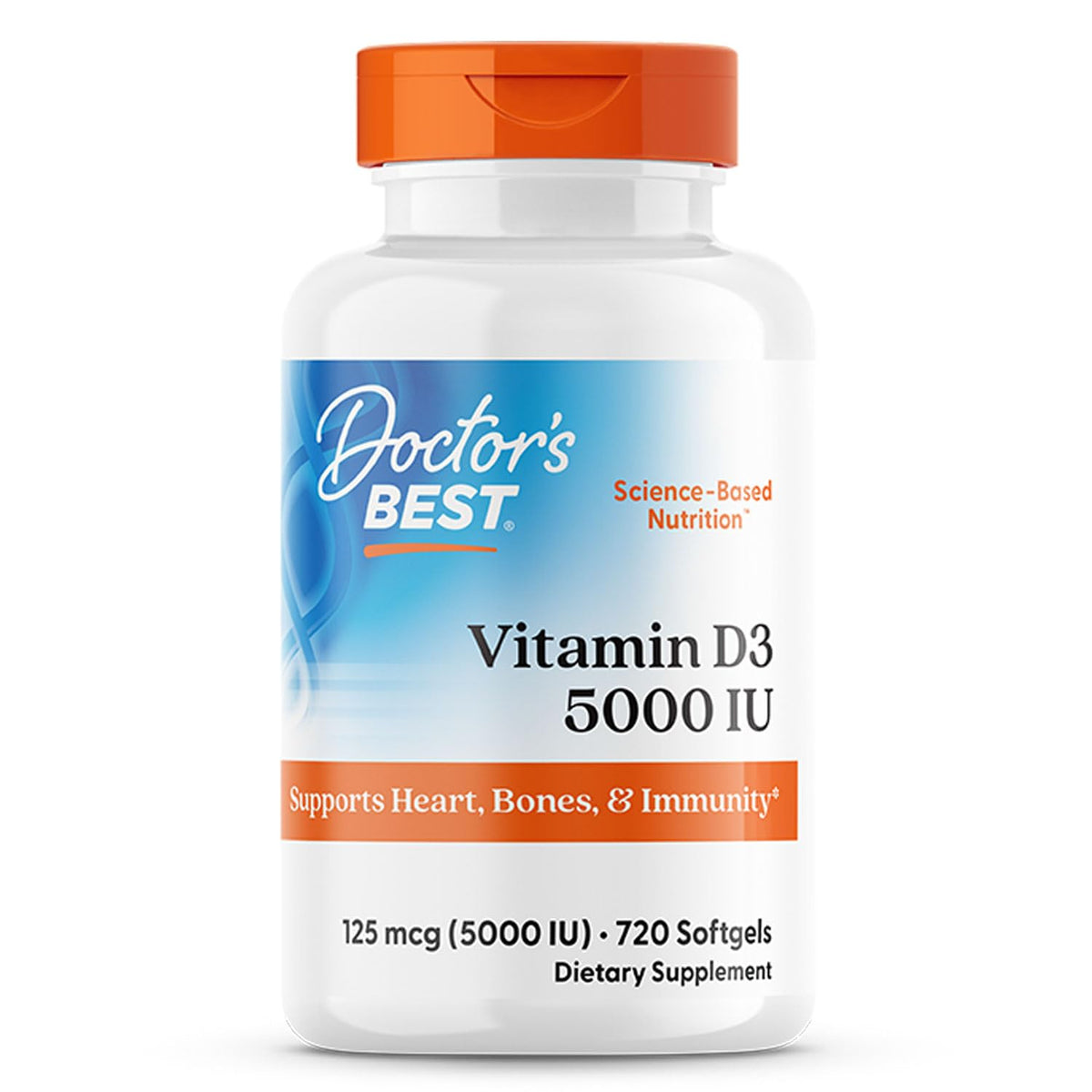 Doctor's Best Vitamin D3 5000 IU bottle showing strength for bone support