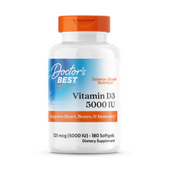 Doctor's Best Vitamin D3 5000IU bottle showing non-GMO and gluten-free bone support benefits