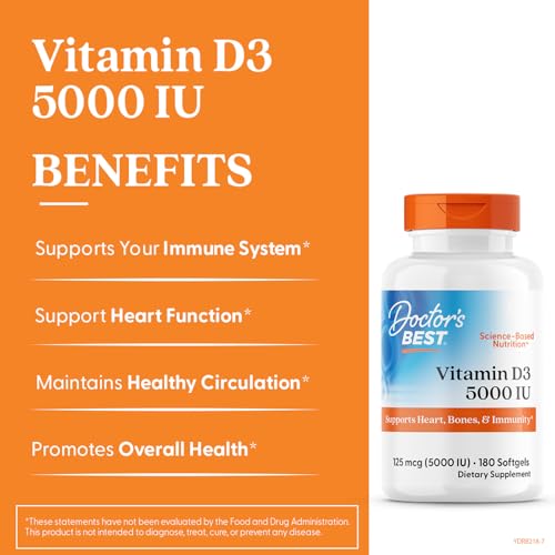 Doctor's Best Vitamin D3 5000IU front-label closeup shows strength options for supplementation