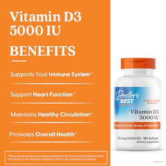 Doctor's Best Vitamin D3 5000IU front-label closeup shows strength options for supplementation