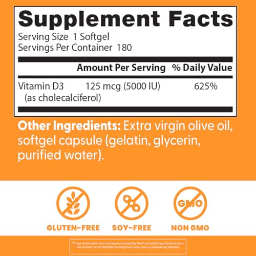 Doctor's Best Vitamin D3 5000IU packaging emphasizing gluten-free and soy-free formula
