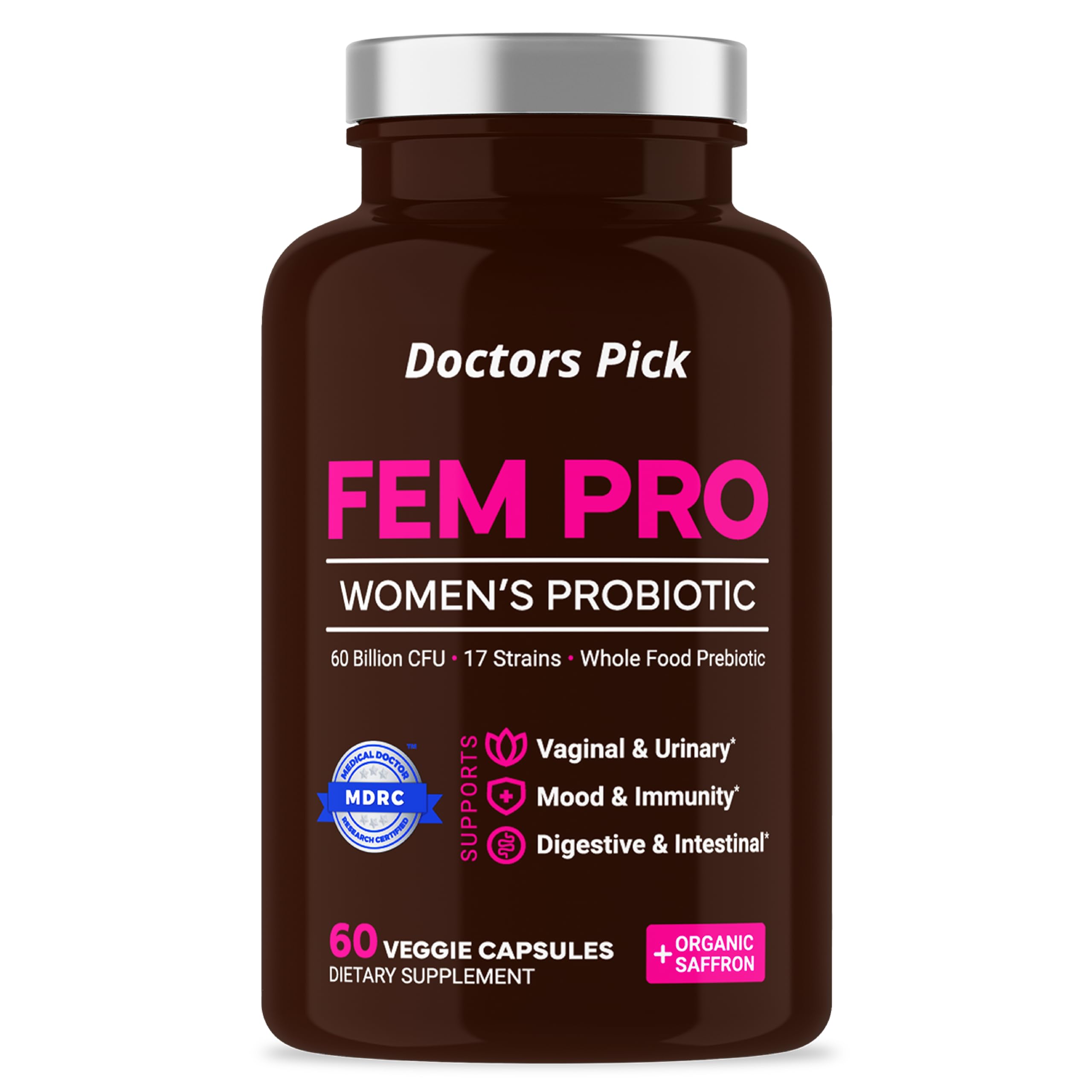 Doctors Pick Fem Pro bottle front view highlighting vegan probiotic formula for women