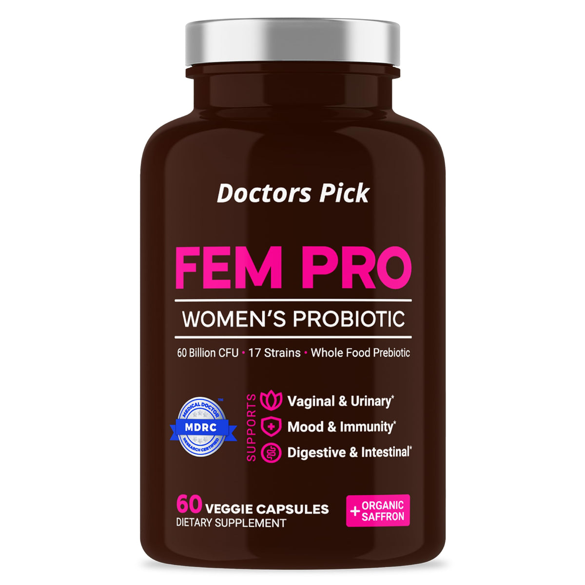 Doctors Pick Fem Pro bottle front view highlighting vegan probiotic formula for women