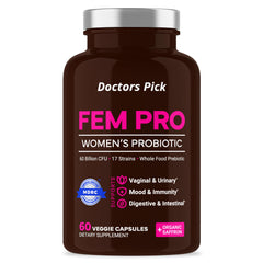 Doctors Pick Fem Pro bottle front view highlighting vegan probiotic formula for women