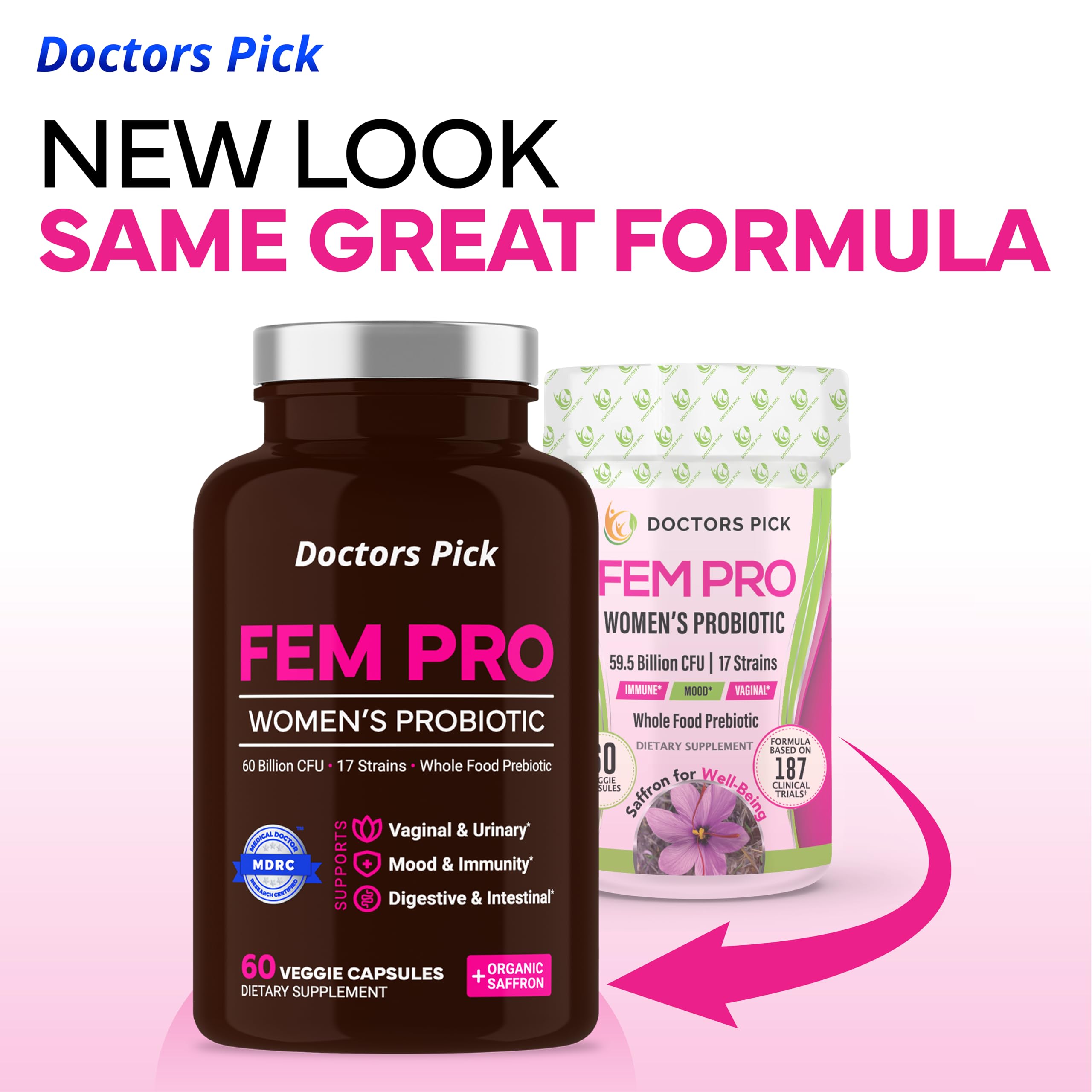 Doctors Pick Fem Pro bottle side view emphasizing portability and 2-month supply