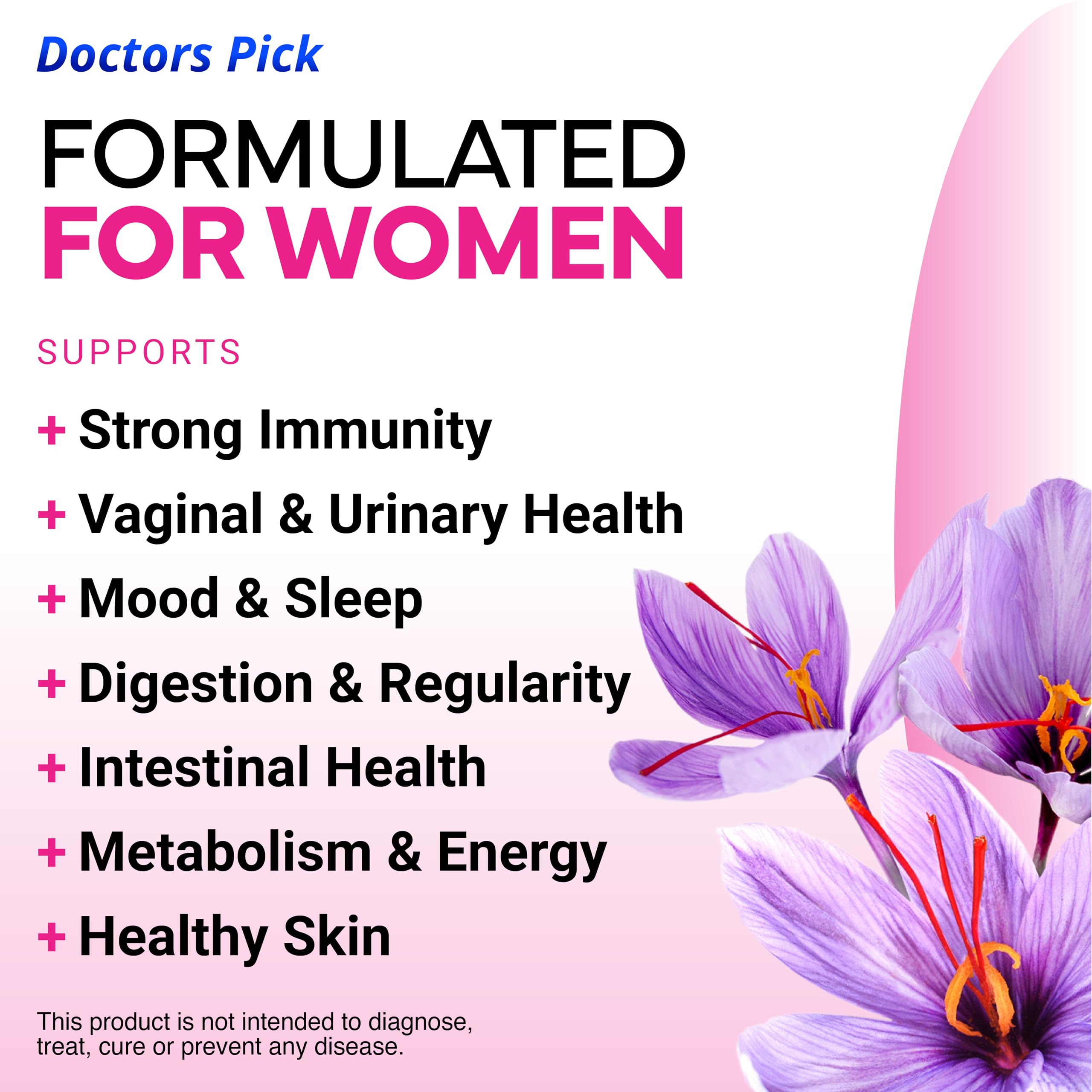 Doctors Pick Fem Pro ingredients list highlighting 17 strains and saffron prebiotic