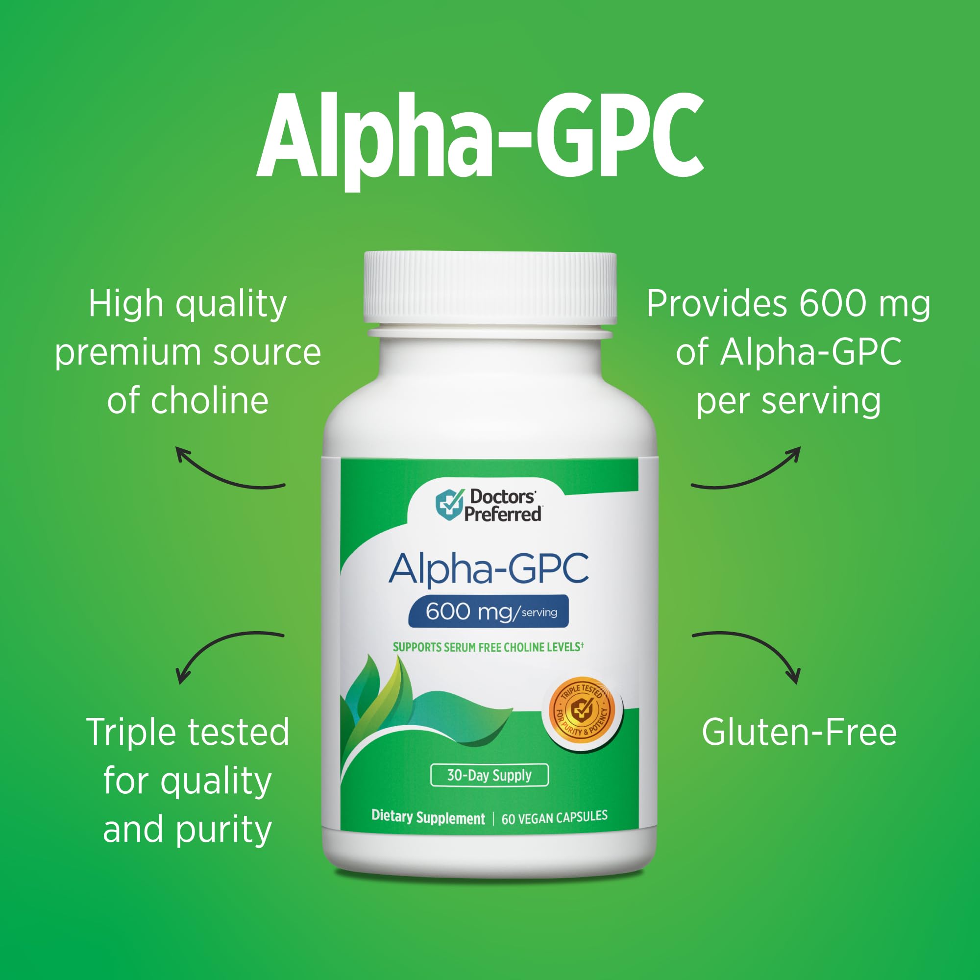 DOCTORS' PREFERRED Alpha GPC vegan capsules on a clean surface.