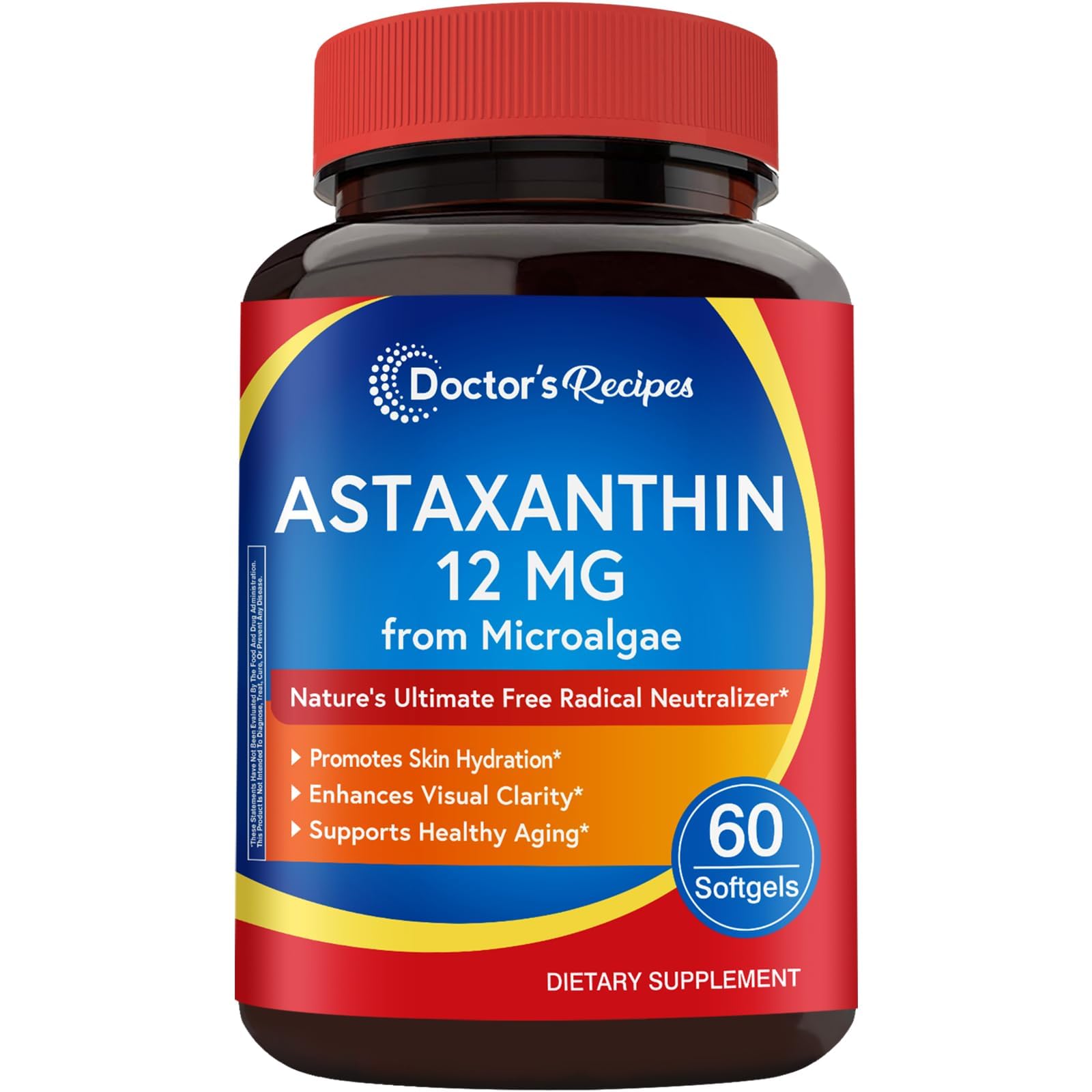 Doctor's Recipes Astaxanthin 12mg bottle highlights premium antioxidant support for daily vitality.