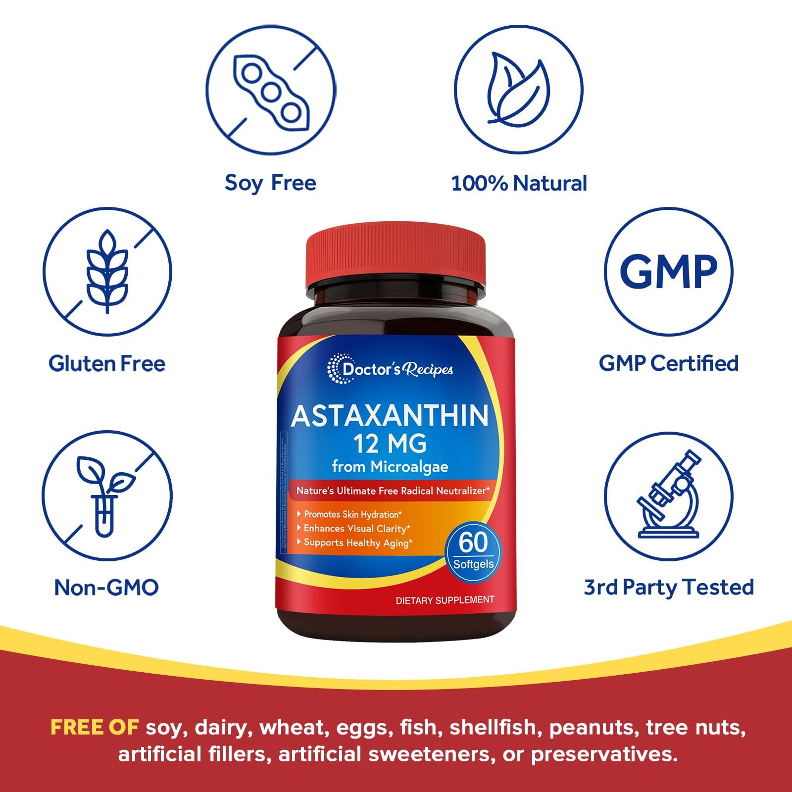 Doctor's Recipes Astaxanthin made-in-usa emblem signals quality and GMP manufacturing.