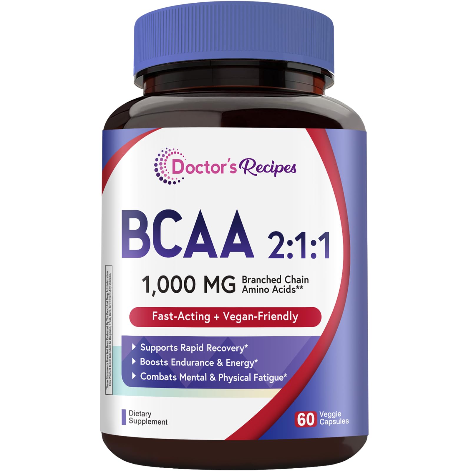 Doctor's Recipes BCAA 1000mg bottle showcases precise ratio for energy and recovery support.